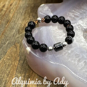 Black agate Silver hematite beaded gem ring band bohemian